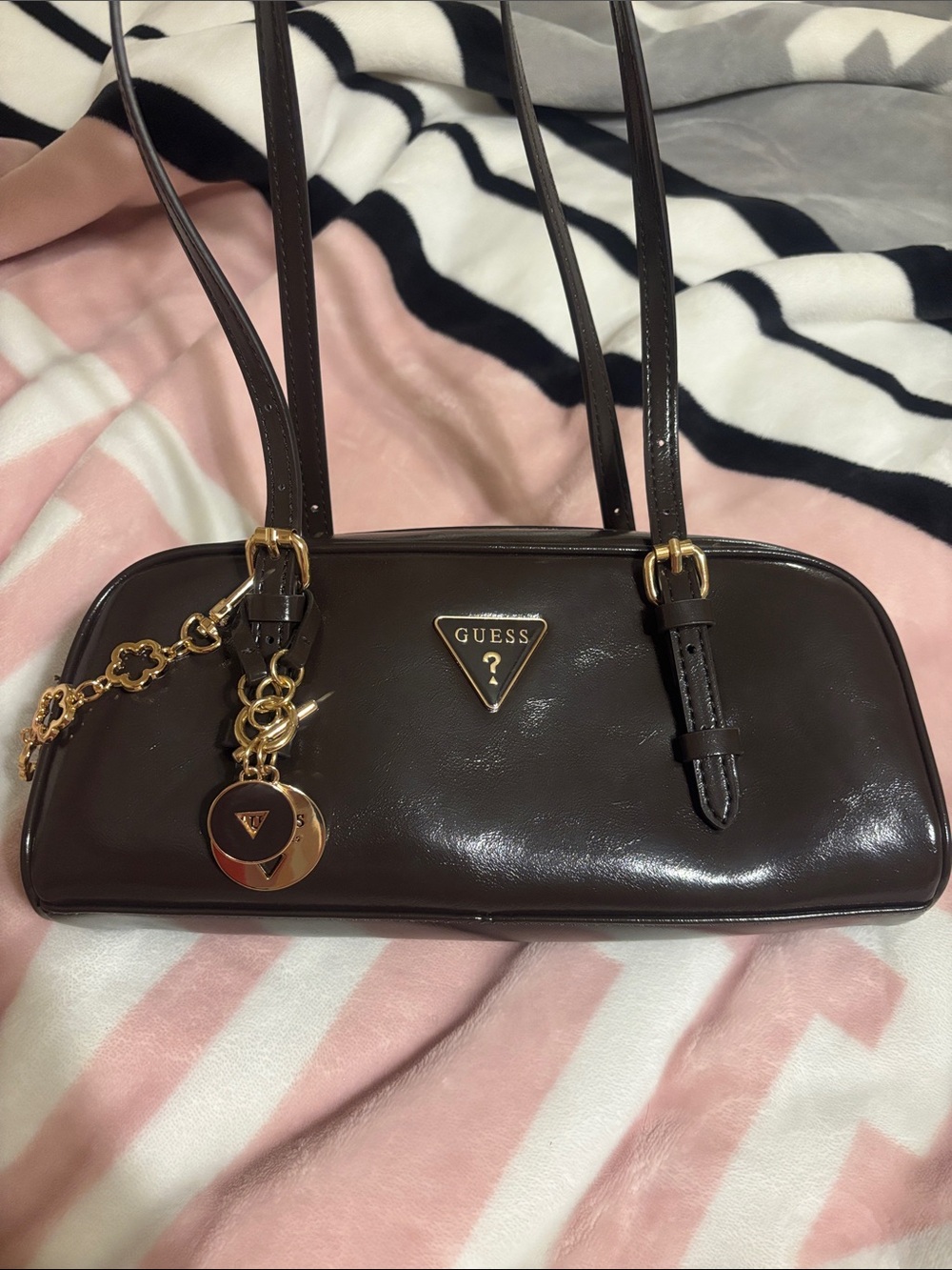GUESS Dark Brown Patent Shoulder Bag with Gold Charm Accents